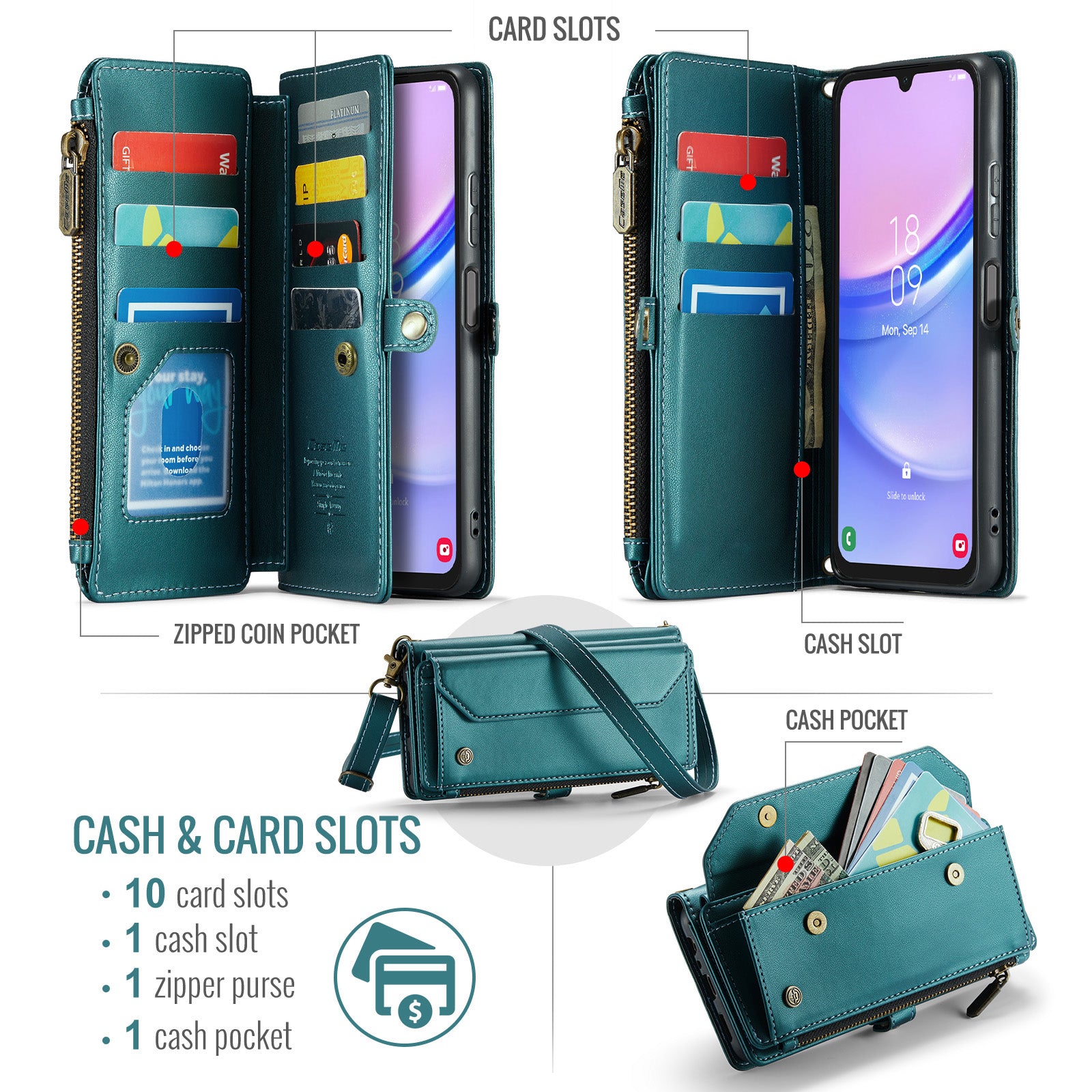 For Samsung Galaxy A16 5G / A16 4G Case CASEME C36 Series Zipper Wallet Leather Phone Cover with Straps - Green For Samsung Galaxy A16 5G / A16 4G Case CASEME C36 Series Zipper Wallet Leather Phone Cover with Straps - Green